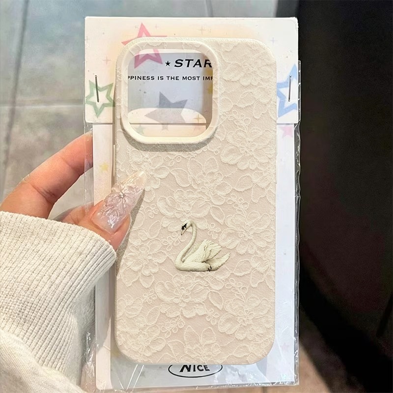 Apple Iphone 15 - Dantel Kuğu Desenli Lychee Dokulu Telefon